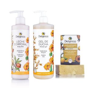 Pack Piel Sensible de Dehesia con productos naturales de caléndula para calmar, hidratar y proteger la piel delicada.
