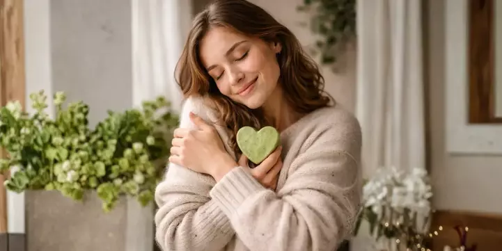 Mujer recibiendo regalos de cosmética natural en San Valentín.